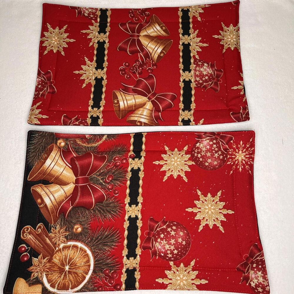 Christmas Placemats 8 Quilted Handmade Gold Red Black 12x18”